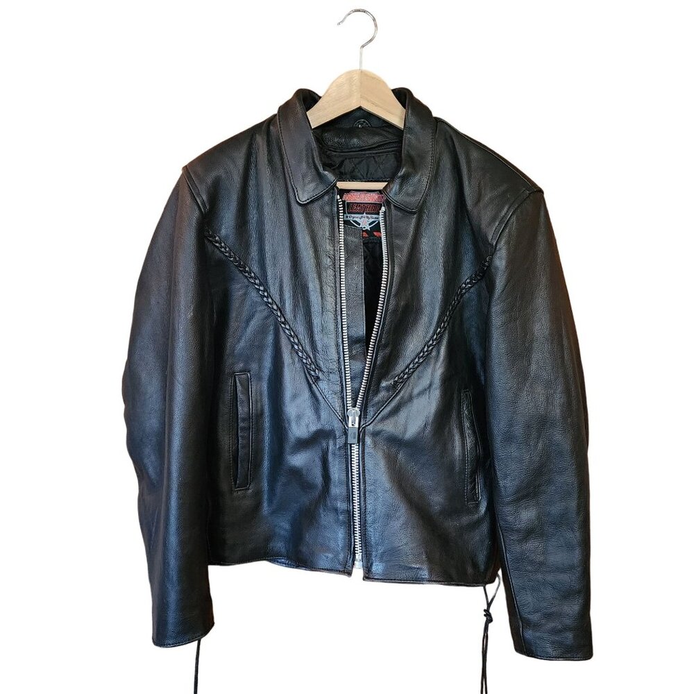 Interstate Vintage Leather Jacket Womens Motorcycle Black Lace Up Side Braided s